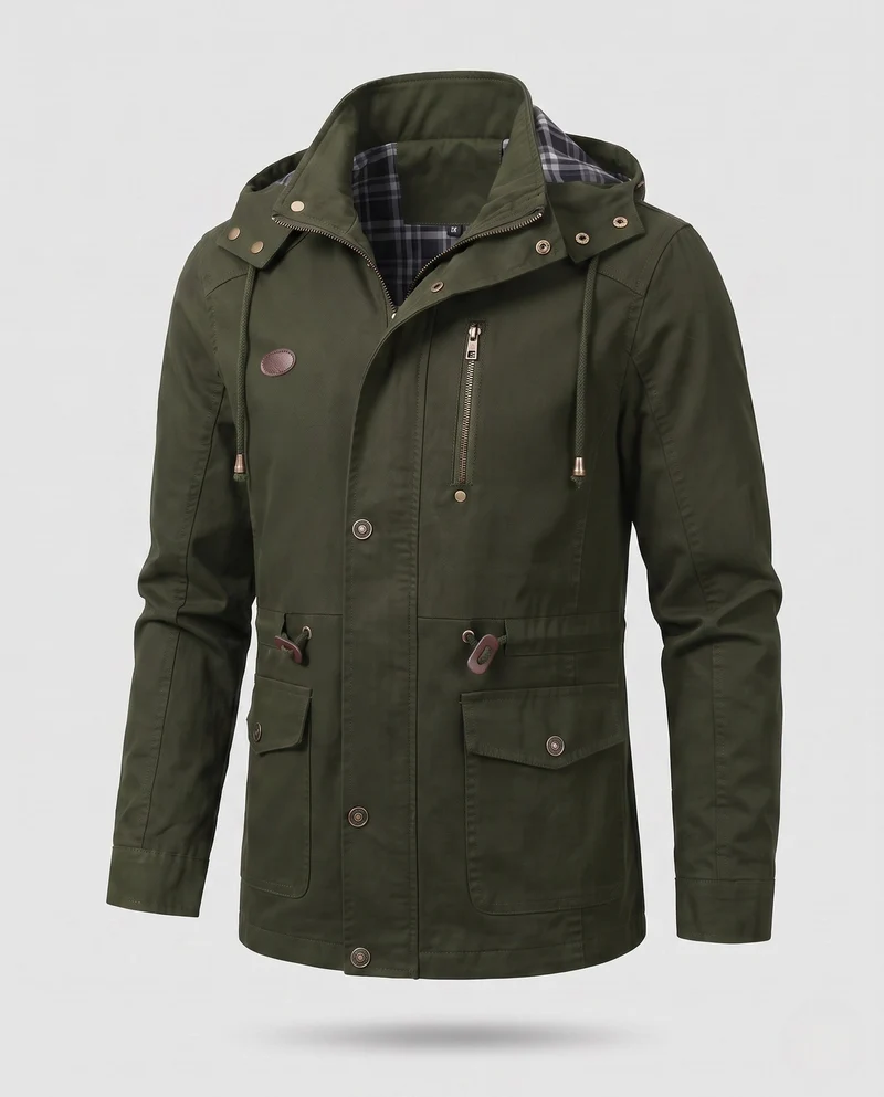 Herren leichtgewichtige Kapuzen-Canvas-Parka mit Zugband, Klappentaschen und Reißverschlusstasche auf der Brust Drune