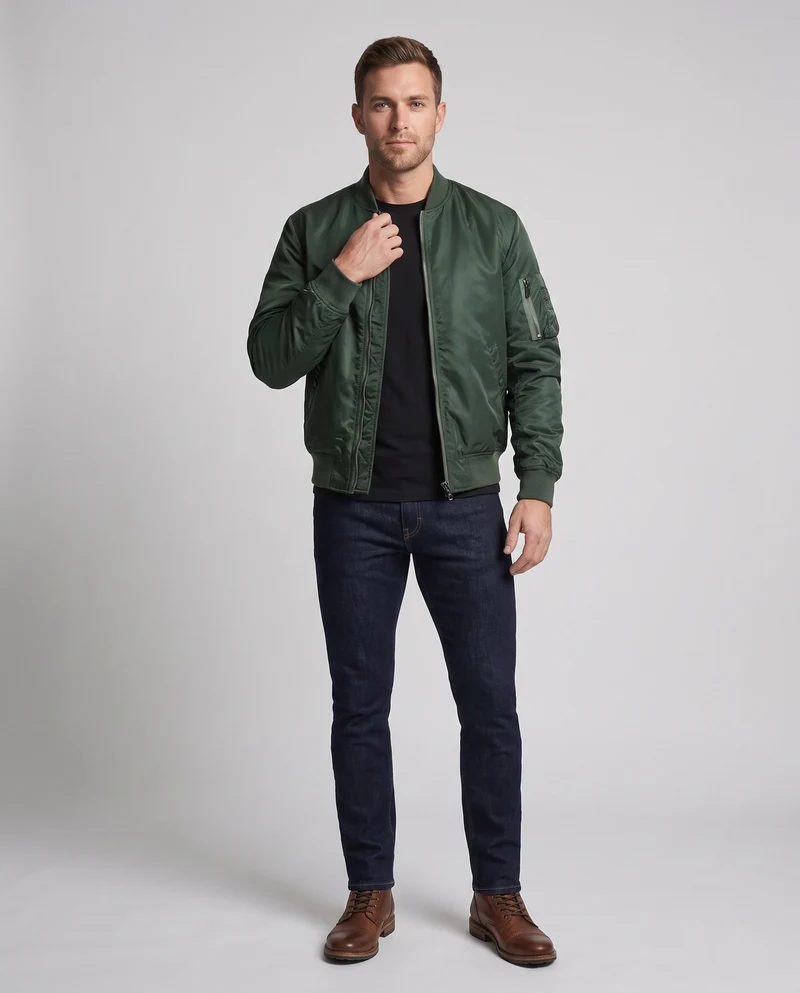 Herren Leichte Nylon Aviator Bomber mit Arm Tasche und Zwei-Wege Reißverschluss Drune