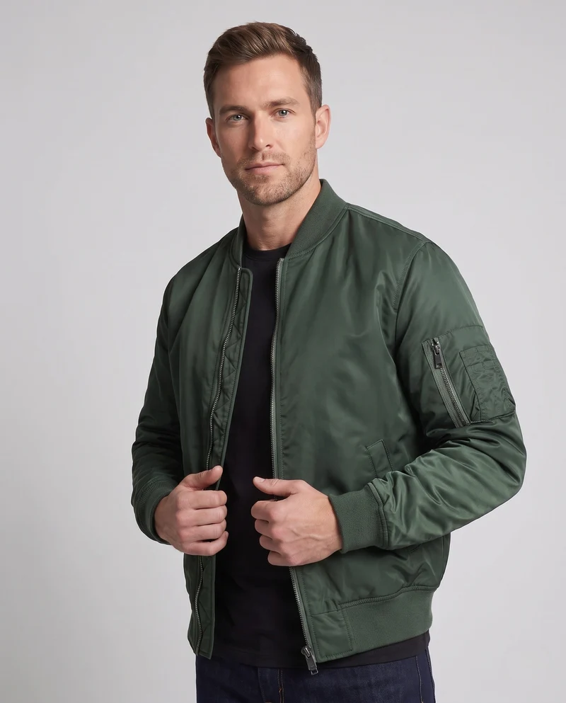 Herren Leichte Nylon Aviator Bomber mit Arm Tasche und Zwei-Wege Reißverschluss Drune