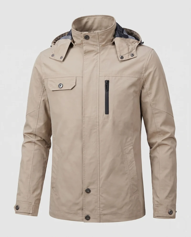 Herren leichte wasserabweisende Kapuzen-Canvas-Parka mit verdecktem Druckknopfleisten und Reißverschluss-Brusttasche Drune