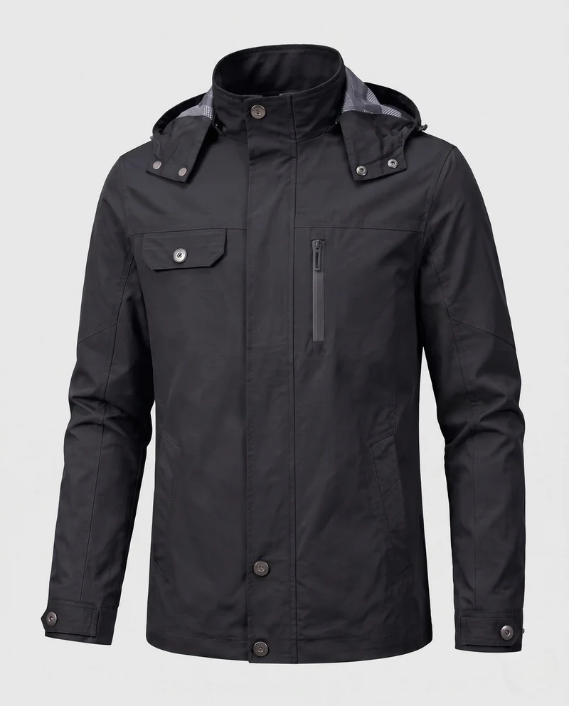 Herren leichte wasserabweisende Kapuzen-Canvas-Parka mit verdecktem Druckknopfleisten und Reißverschluss-Brusttasche Drune