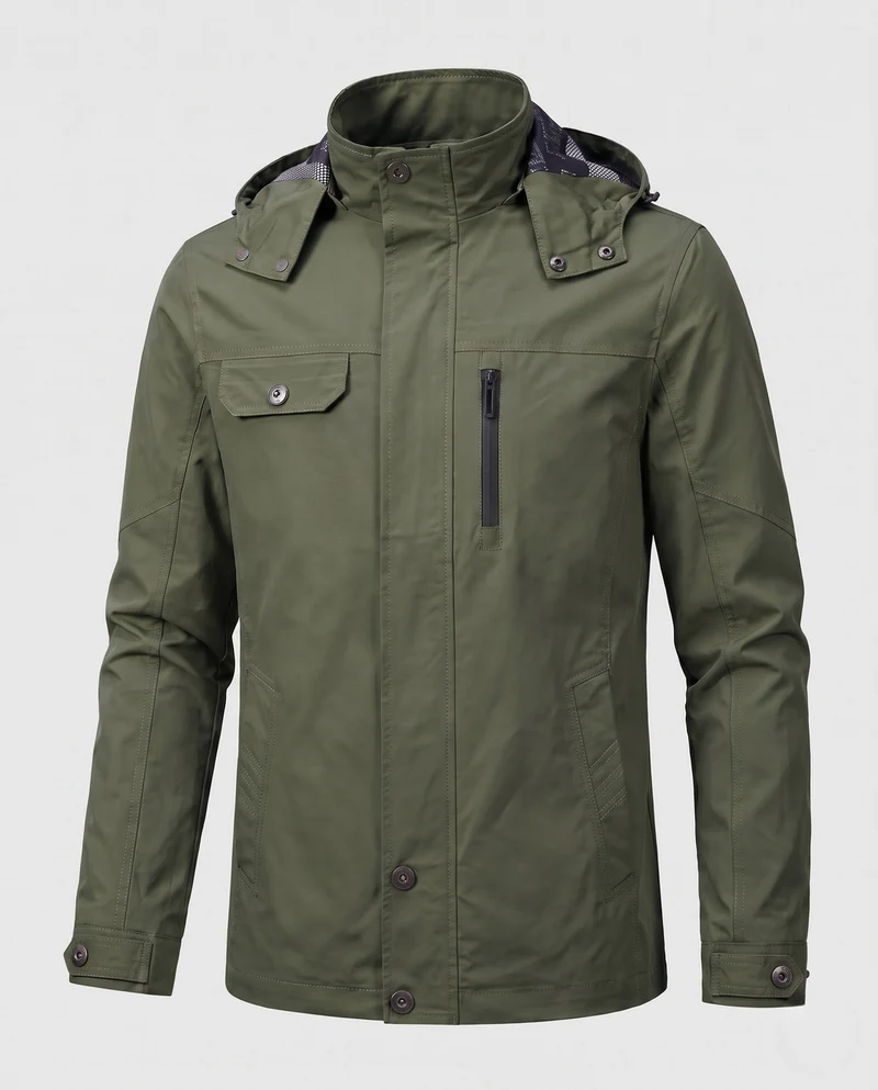 Herren leichte wasserabweisende Kapuzen-Canvas-Parka mit verdecktem Druckknopfleisten und Reißverschluss-Brusttasche Drune