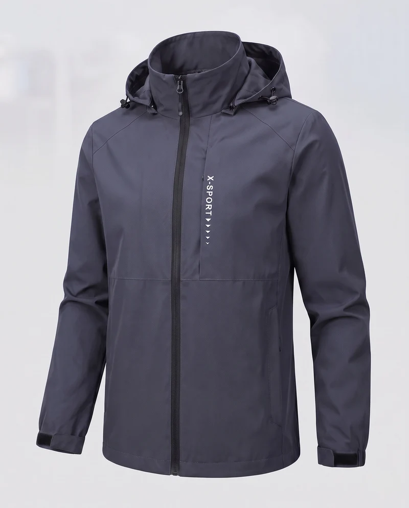 Leichte wind- und wasserabweisende Kapuzenjacke für Herren im Sportstil mit verdecktem Reißverschluss Drune
