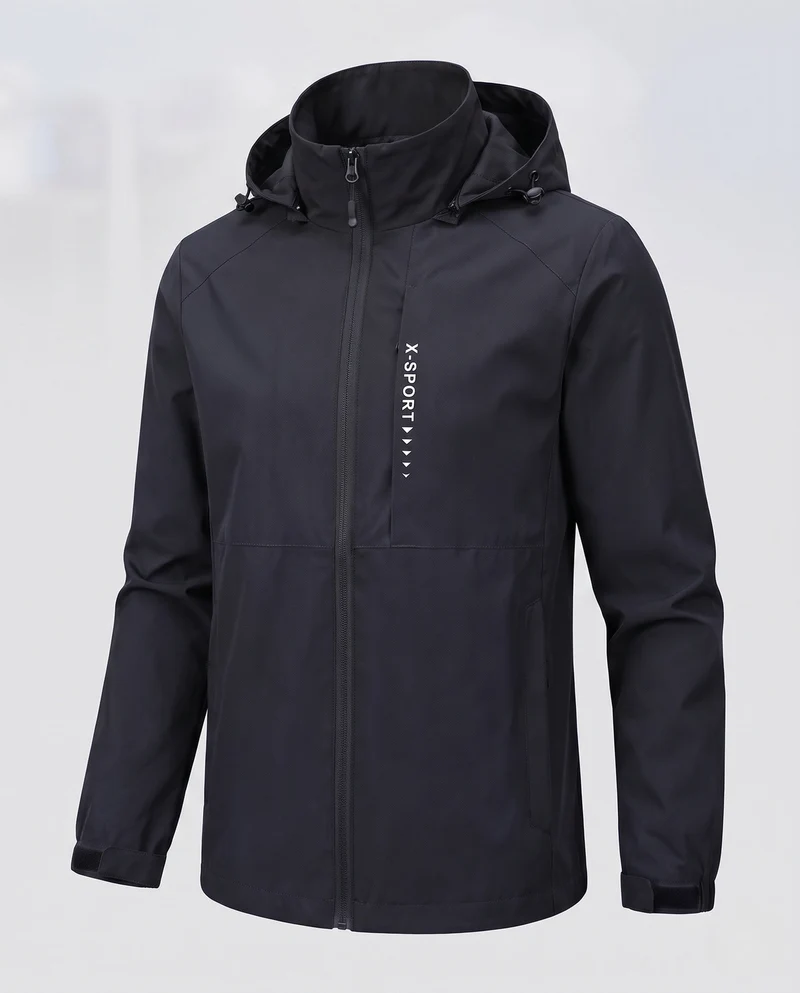 Leichte wind- und wasserabweisende Kapuzenjacke für Herren im Sportstil mit verdecktem Reißverschluss Drune
