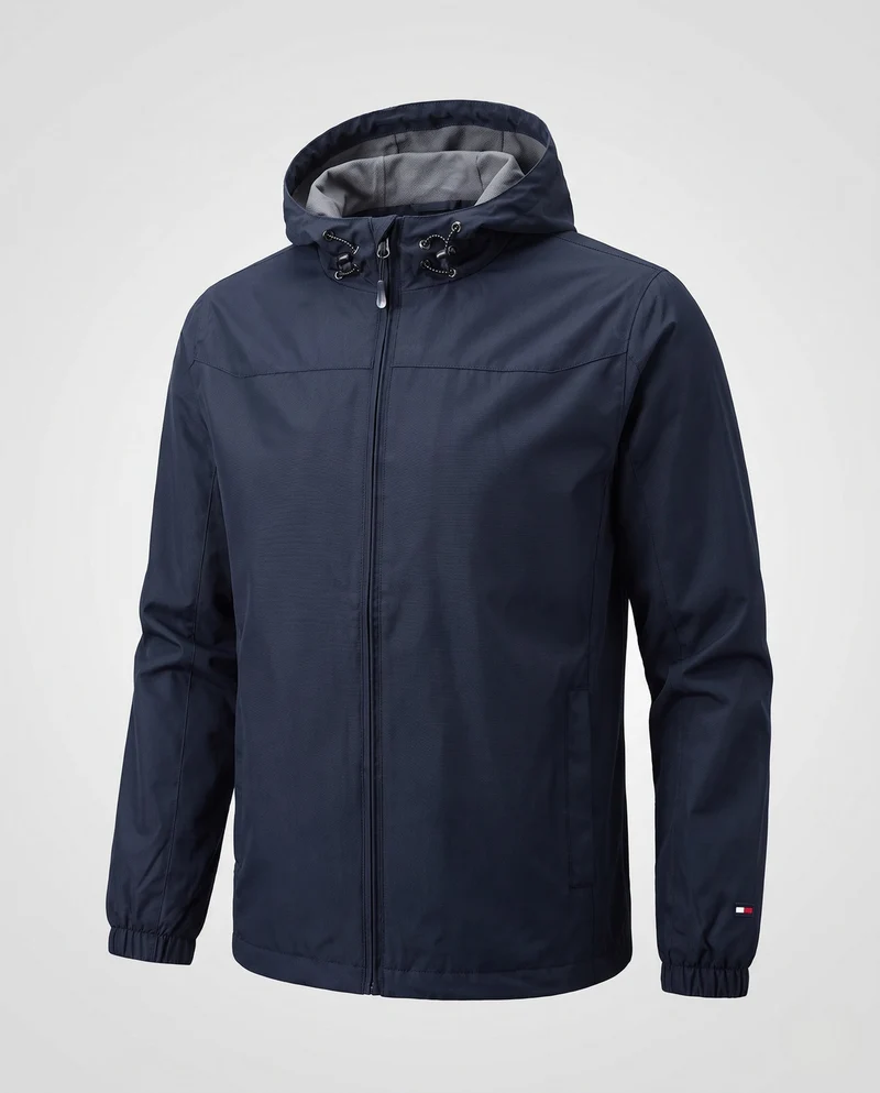 Leichte winddichte Herrenjacke mit verstellbarer Sturmkapuze und elastischen Ärmelbündchen Drune
