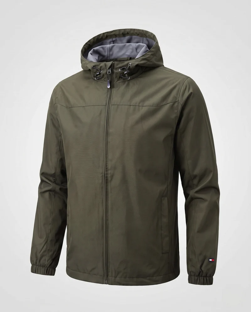 Leichte winddichte Herrenjacke mit verstellbarer Sturmkapuze und elastischen Ärmelbündchen Drune