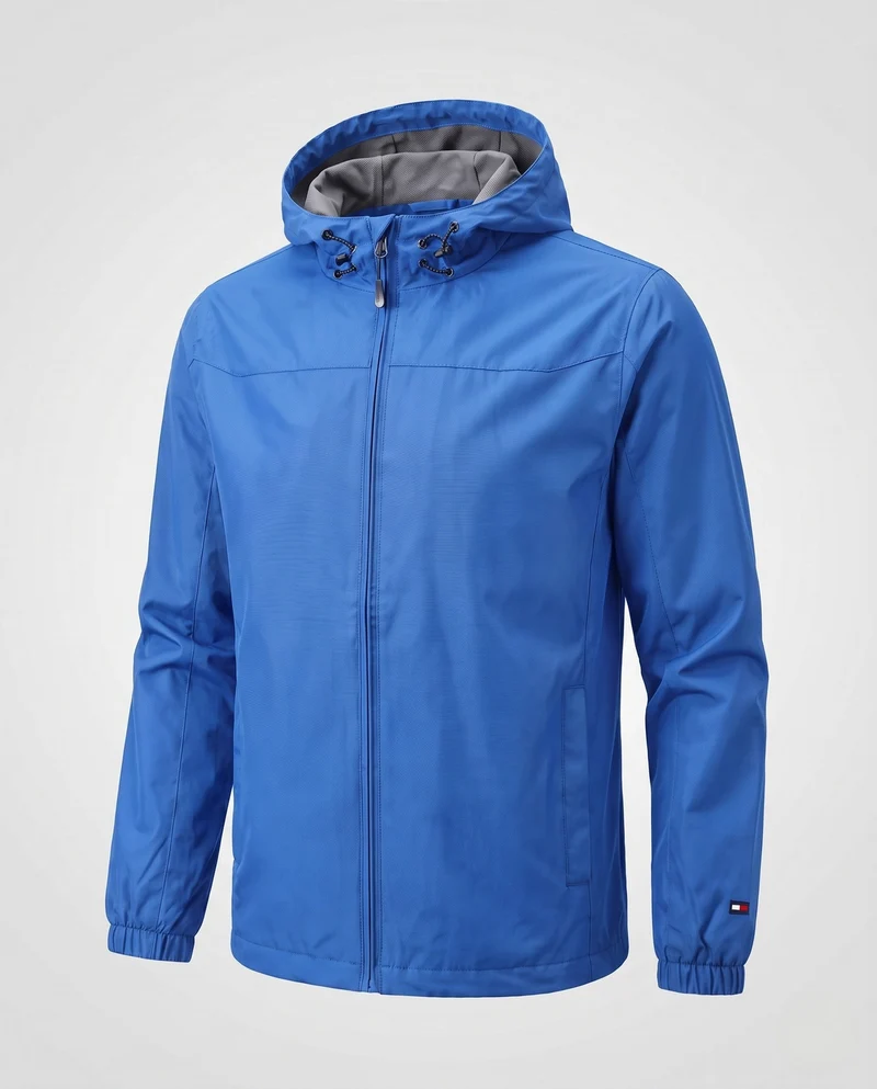 Leichte winddichte Herrenjacke mit verstellbarer Sturmkapuze und elastischen Ärmelbündchen Drune