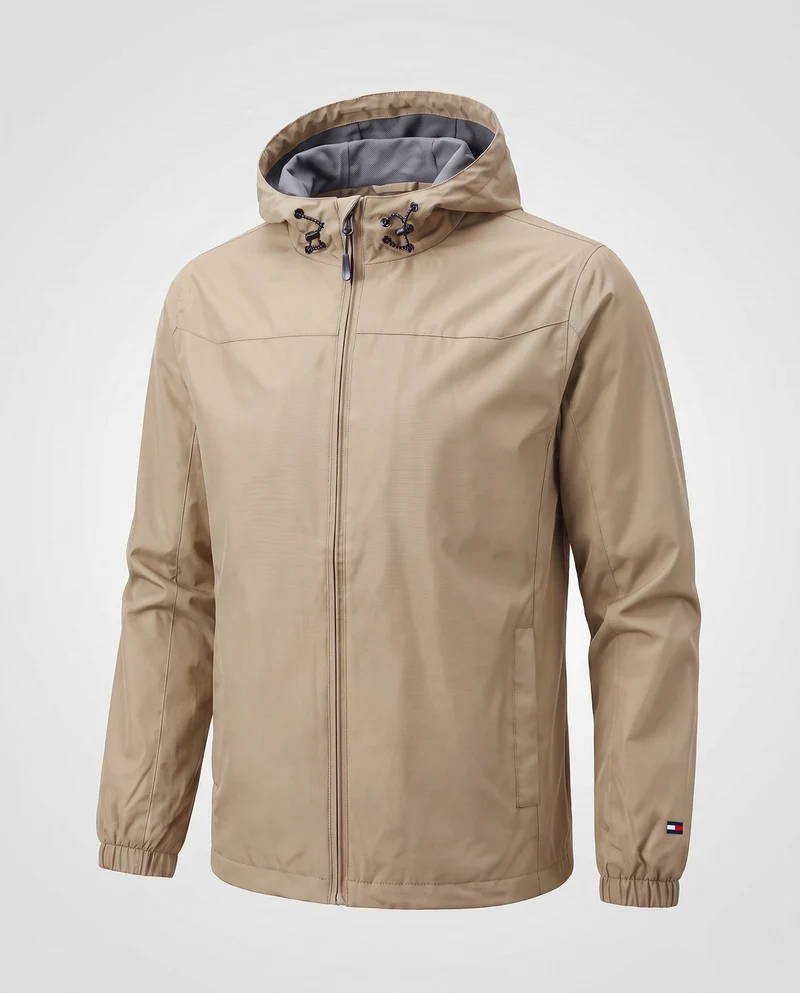 Leichte winddichte Herrenjacke mit verstellbarer Sturmkapuze und elastischen Ärmelbündchen Drune