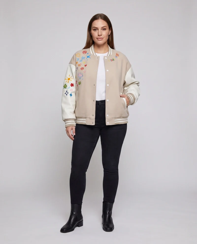 Damen stylische Collegejacke mit einzigartigen Stickereien Drune