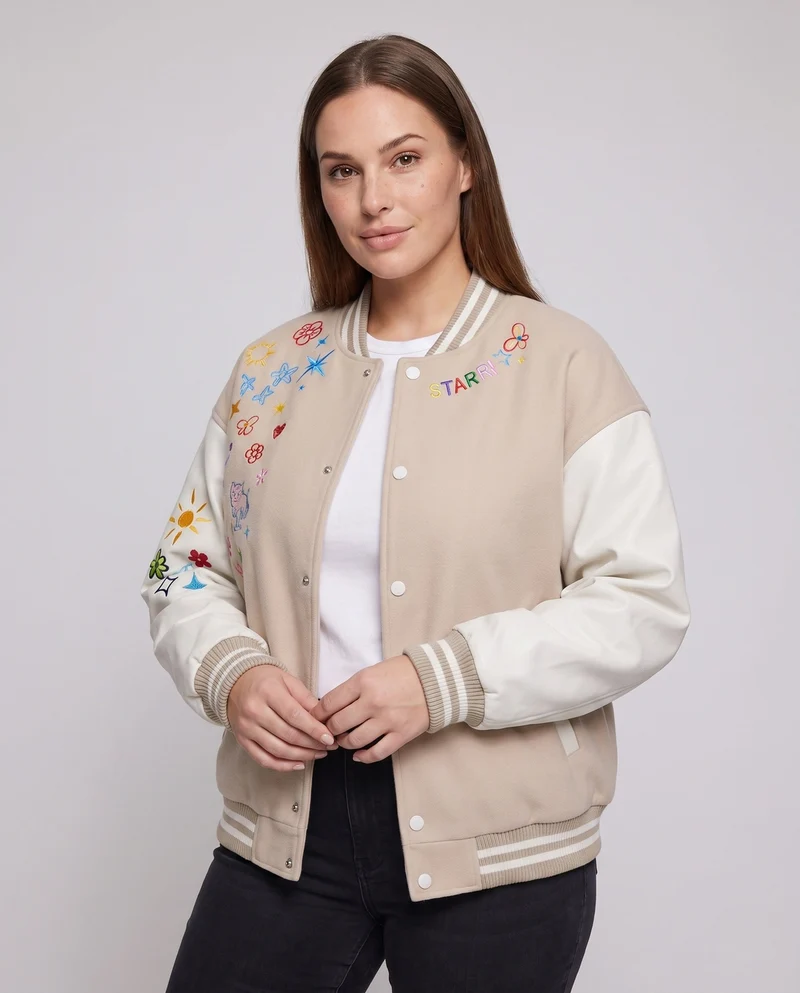 Damen stylische Collegejacke mit einzigartigen Stickereien Drune