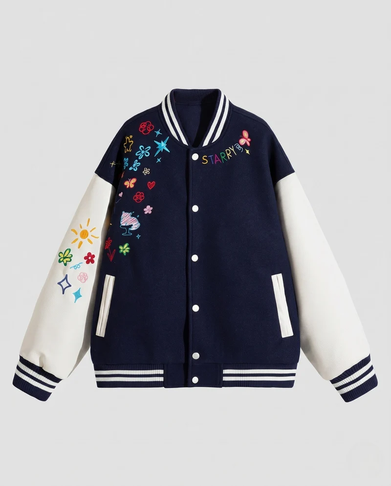 Damen stylische Collegejacke mit einzigartigen Stickereien Drune