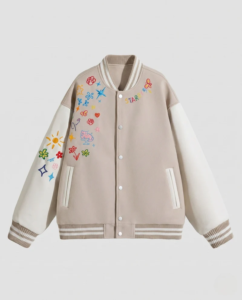 Damen stylische Collegejacke mit einzigartigen Stickereien Drune
