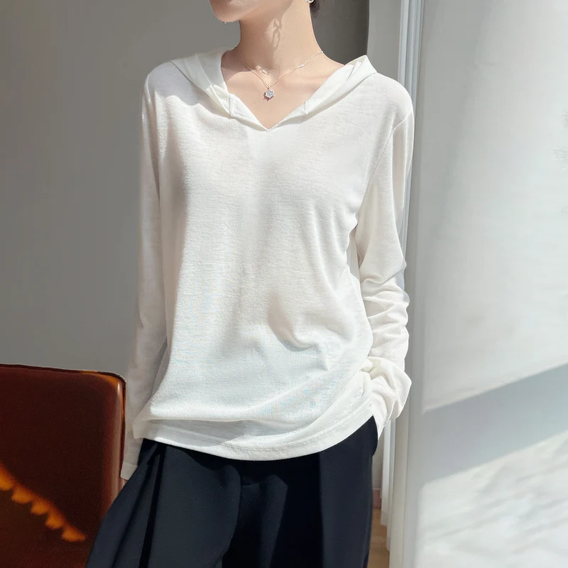 Damen Leichter Kapuzenpullover mit V‑Ausschnitt und feinem Jersey Drune