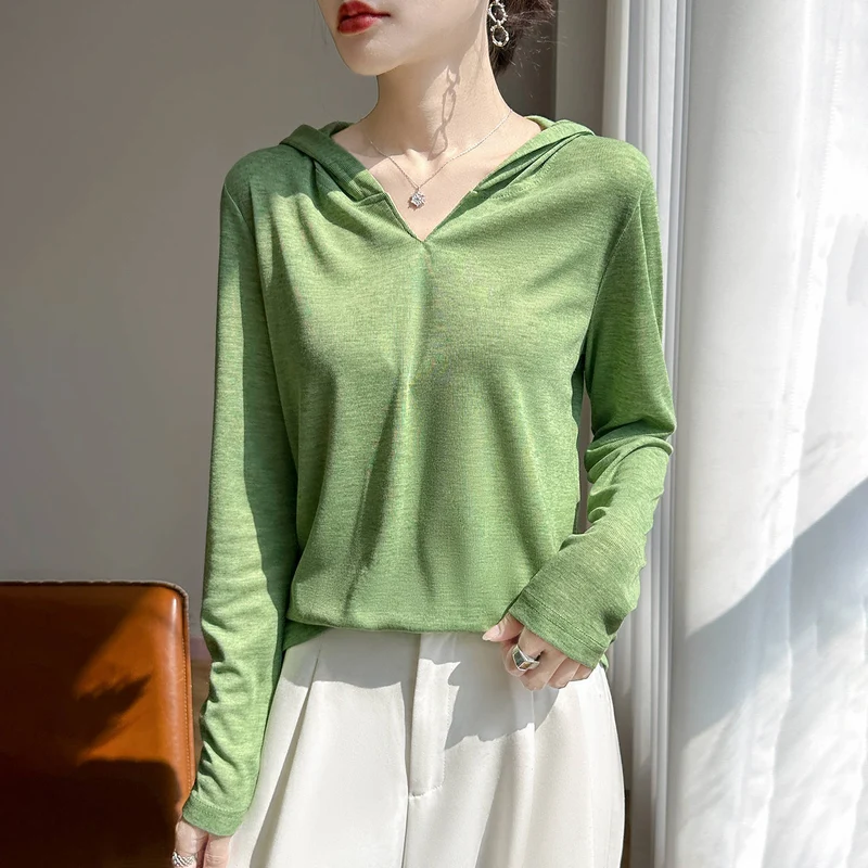Damen Leichter Kapuzenpullover mit V‑Ausschnitt und feinem Jersey Drune