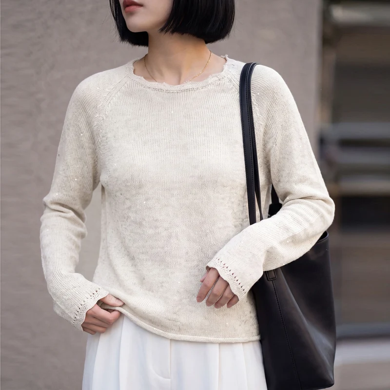 Damen leichter Feinstrickpullover mit dezenter Glitzeroptik und Raglanärmeln Drune