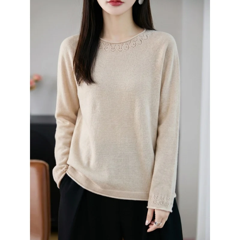Damen Leichter Feinstrick-Rundhalspullover mit Ajourspitzen‑Detail und legerer Silhouette Drune
