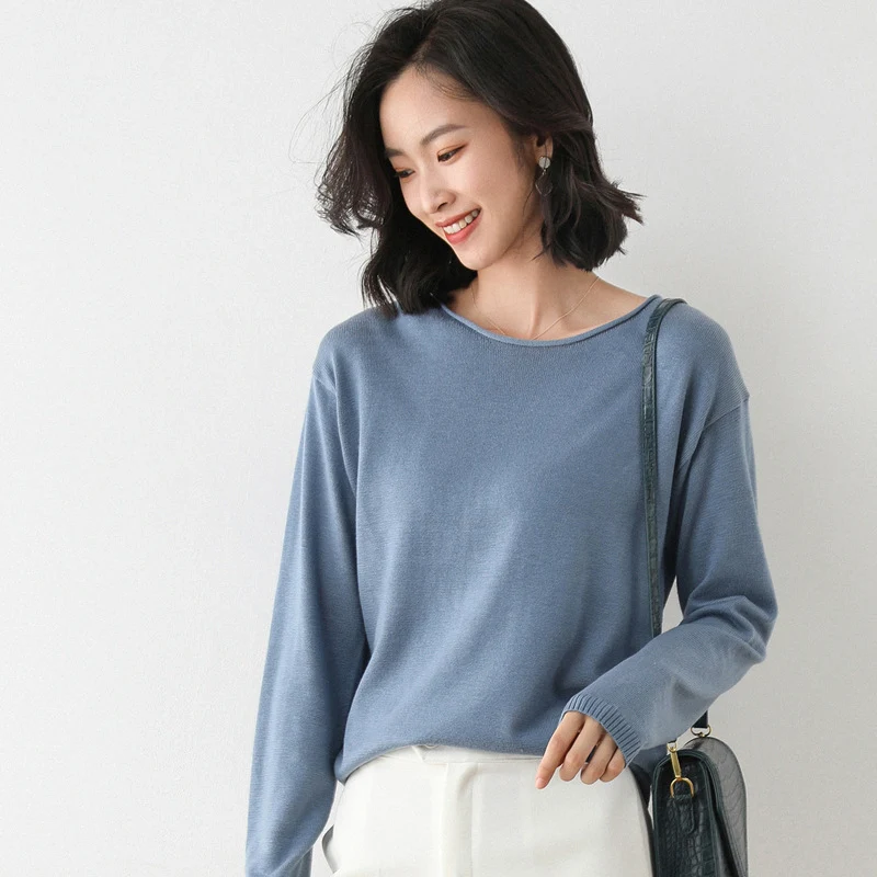 Damen Leichter Feinstrick-Pullover mit weitem Rundhalsausschnitt und legerem Schnitt Drune