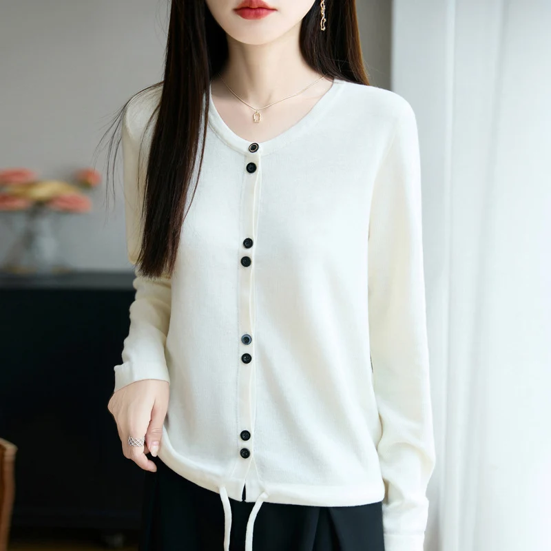 Damen Leichter Feinstrick-Knopfleisten-Cardigan mit Rundhalsausschnitt Drune