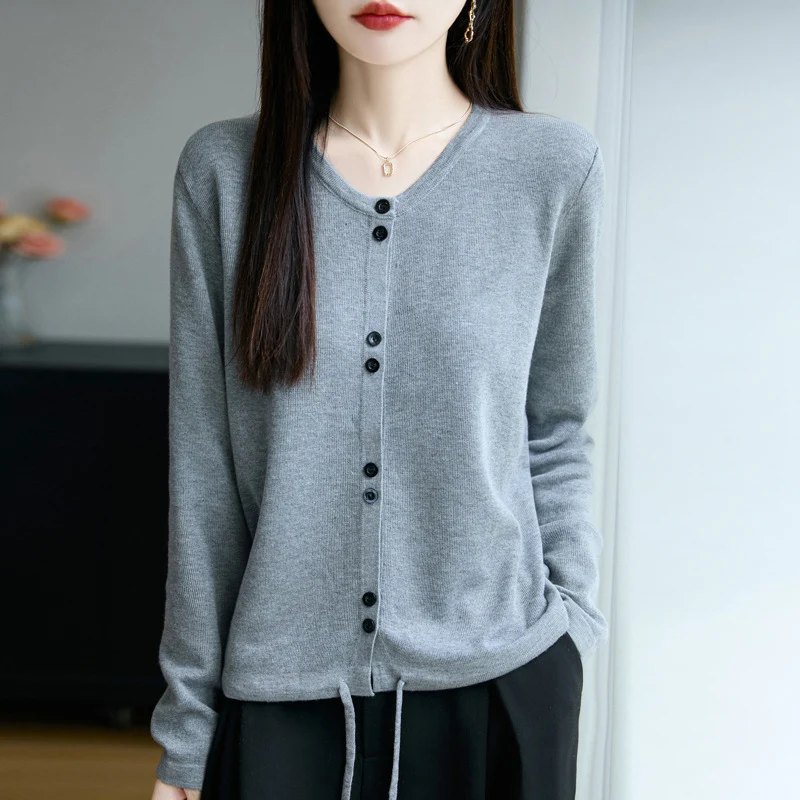 Damen Leichter Feinstrick-Knopfleisten-Cardigan mit Rundhalsausschnitt Drune