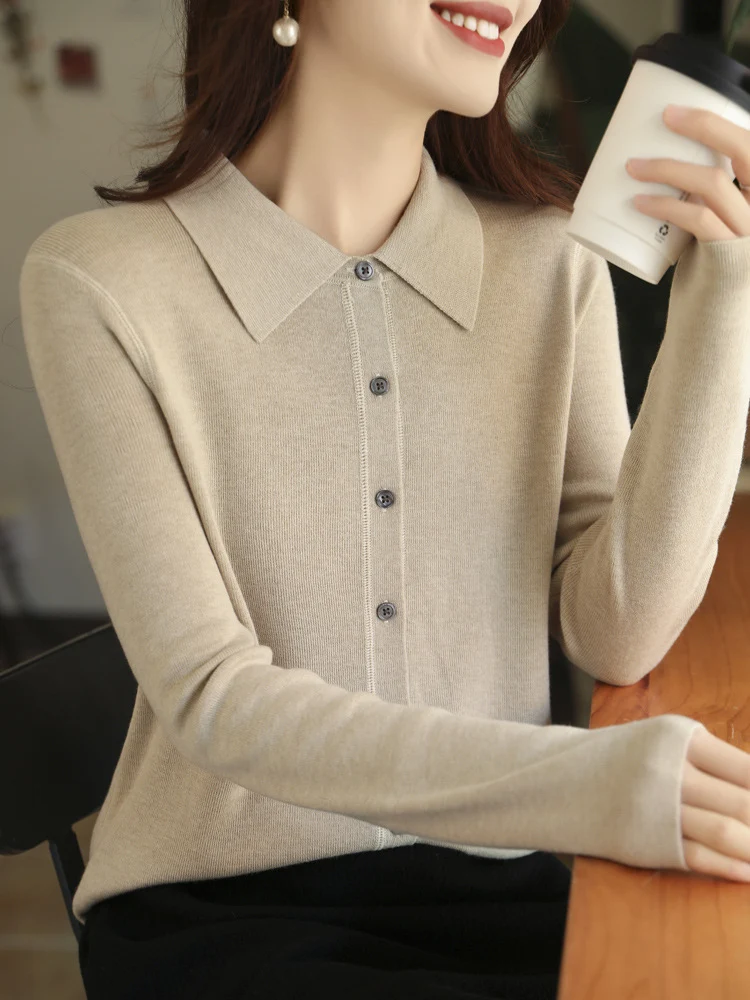 Damen Leichter Feinstrick-Cardigan mit Polokragen und durchgehender Knopfleiste Drune