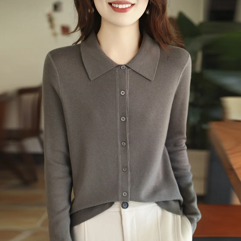 Damen Leichter Feinstrick-Cardigan mit Polokragen und durchgehender Knopfleiste Drune