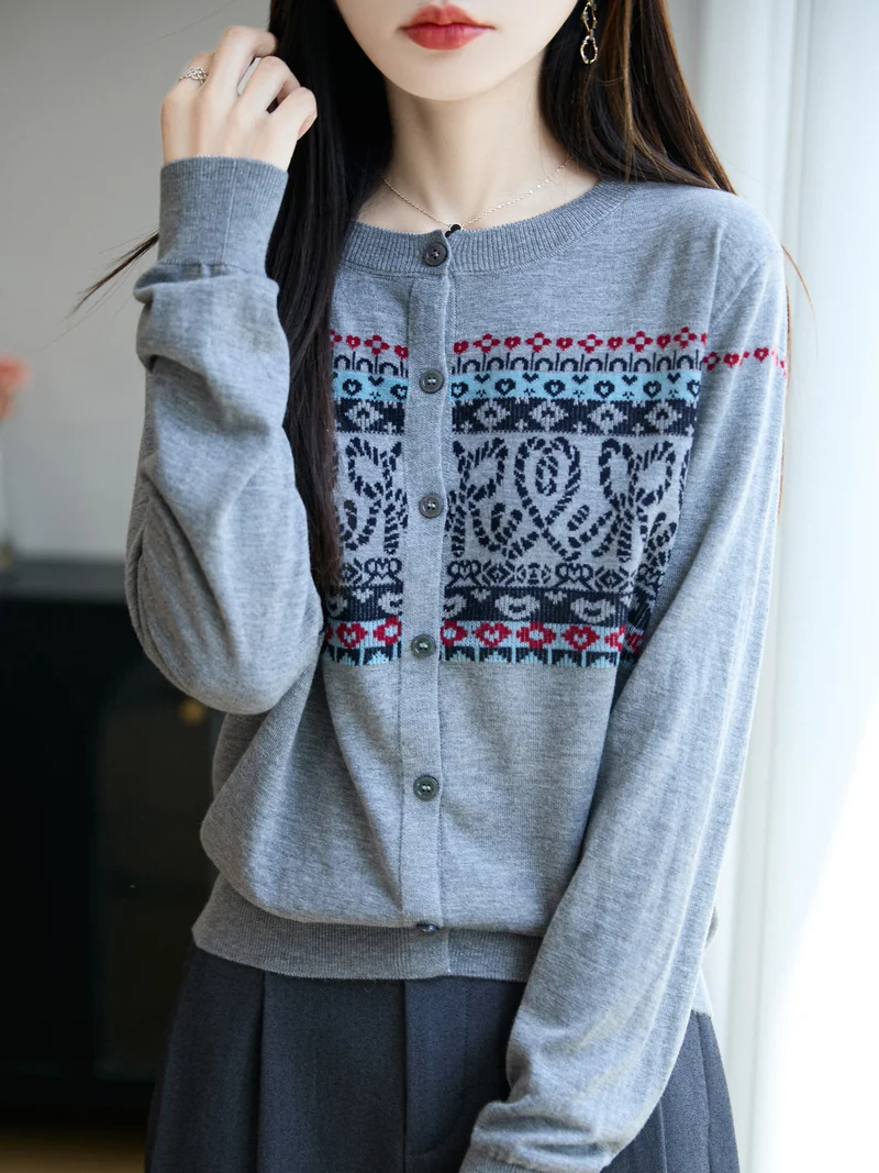 Damen Leichter Feinstrick-Cardigan mit nordischem Jacquardmuster und feiner Knopfleiste Drune
