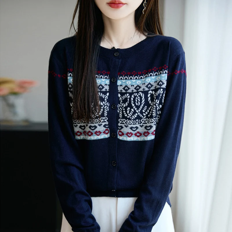 Damen Leichter Feinstrick-Cardigan mit nordischem Jacquardmuster und feiner Knopfleiste Drune