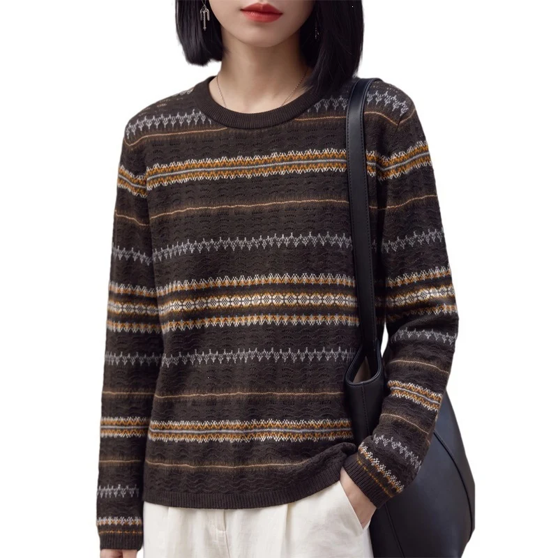 Damen Leichter Fair‑Isle Feinstrickpullover mit Rundhalsausschnitt und feiner Streifenstruktur Drune