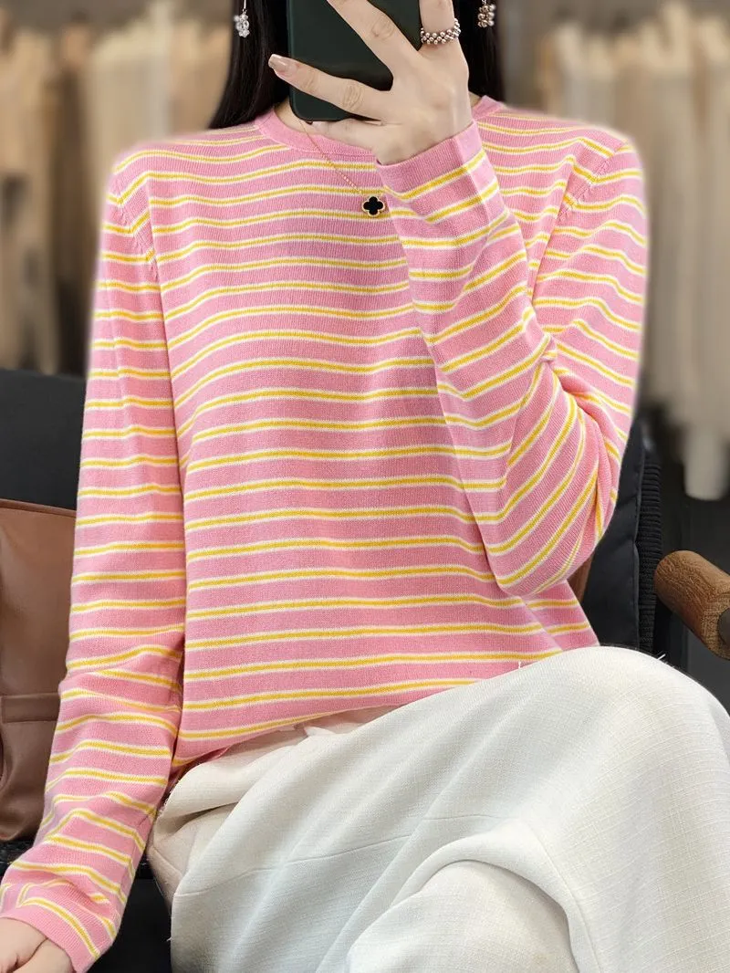 Damen Leichter Baumwollmix-Streifenpullover mit Rundhals, Raglanärmeln und lässiger Silhouette Drune