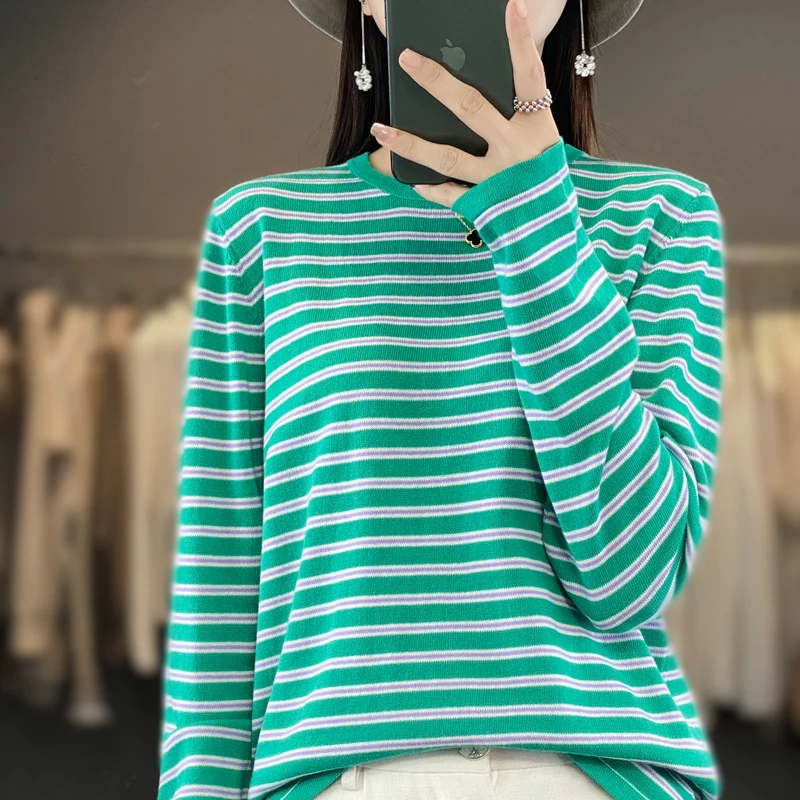 Damen Leichter Baumwollmix-Streifenpullover mit Rundhals, Raglanärmeln und lässiger Silhouette Drune
