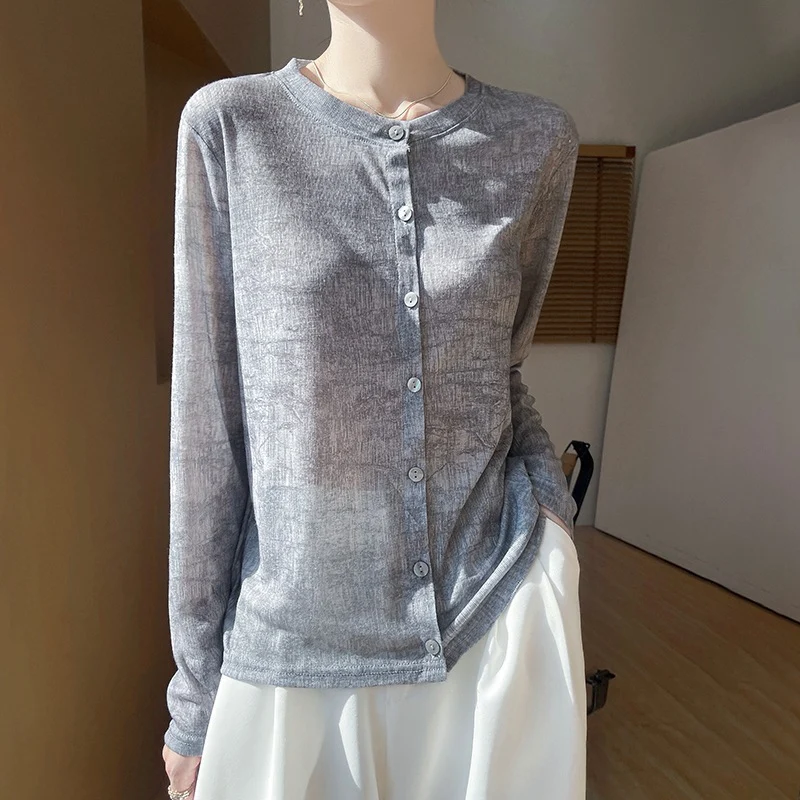 Damen Leichter Aquarell‑Print Feinstrick‑Cardigan mit Rundhalsausschnitt und Knopfleiste Drune