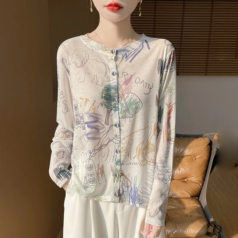 Damen Leichter Aquarell‑Print Feinstrick‑Cardigan mit Rundhalsausschnitt und Knopfleiste Drune