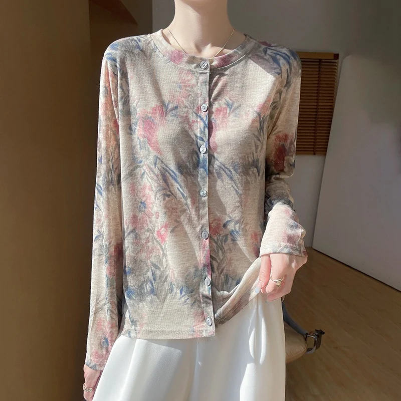 Damen Leichter Aquarell‑Print Feinstrick‑Cardigan mit Rundhalsausschnitt und Knopfleiste Drune