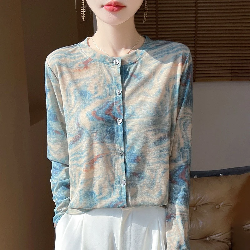 Damen Leichter Aquarell‑Print Feinstrick‑Cardigan mit Rundhalsausschnitt und Knopfleiste Drune