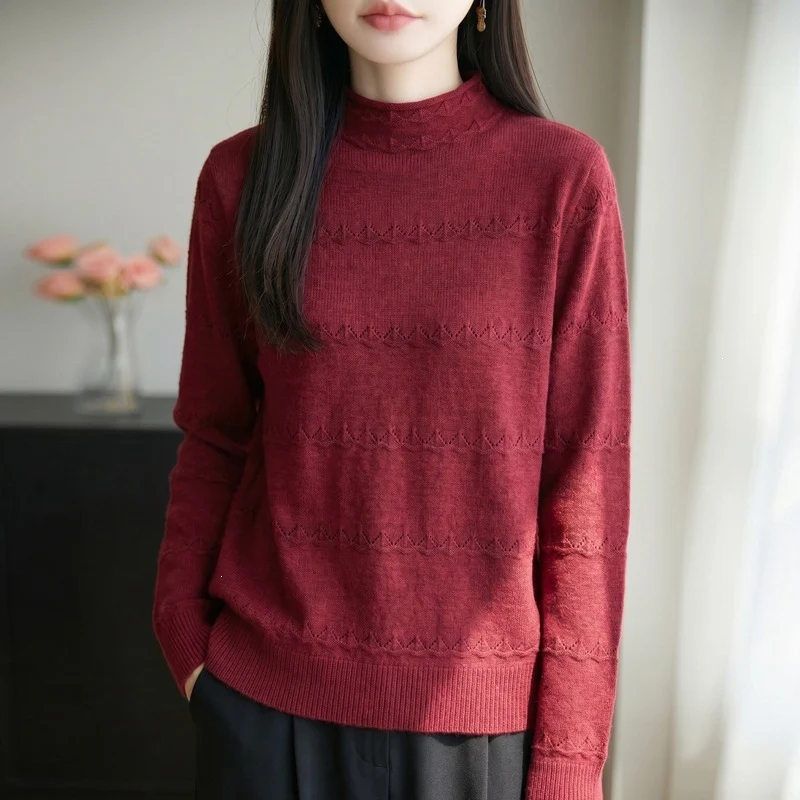 Damen Leichter Ajourstrick-Pullover mit kurzem Stehkragen und feinem Rippsaum Drune