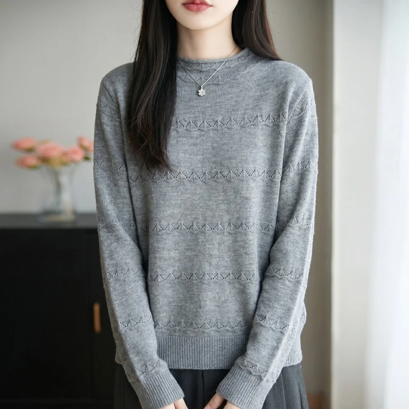 Damen Leichter Ajourstrick-Pullover mit kurzem Stehkragen und feinem Rippsaum Drune