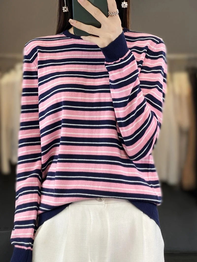 Damen Lässiger Ringel-Feinstrickpullover mit Boxy‑Silhouette und kontrastierenden Rippbündchen Drune