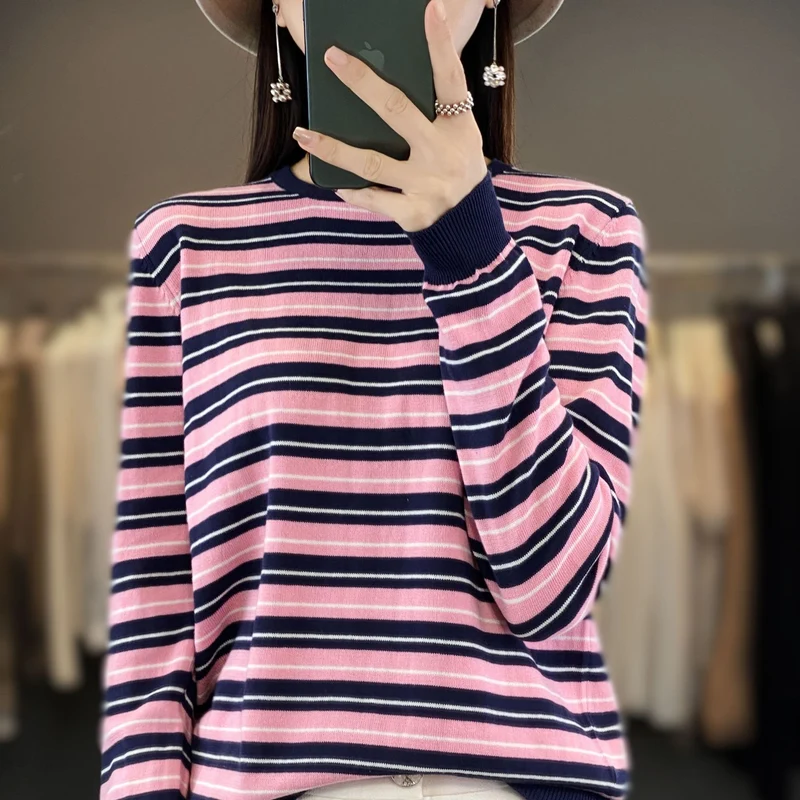 Damen Lässiger Ringel-Feinstrickpullover mit Boxy‑Silhouette und kontrastierenden Rippbündchen Drune