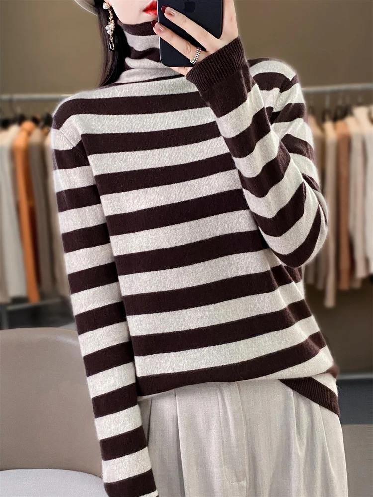 Damen Lässiger gestreifter Rollkragenpullover aus Wollmix mit legerer Passform Drune