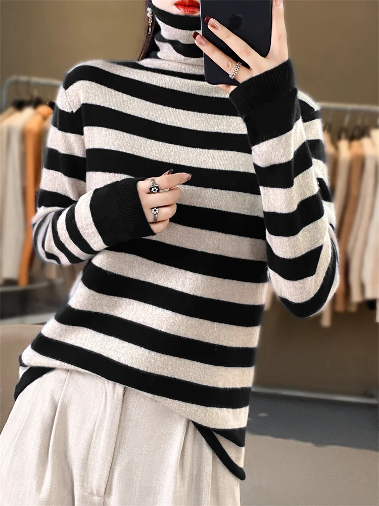 Damen Lässiger gestreifter Rollkragenpullover aus Wollmix mit legerer Passform Drune