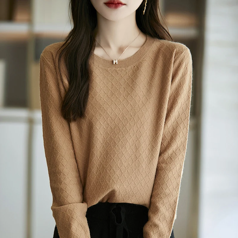 Damen Lässiger Feinstrickpullover mit dezentem Rautenmuster und gerippten Bündchen Drune