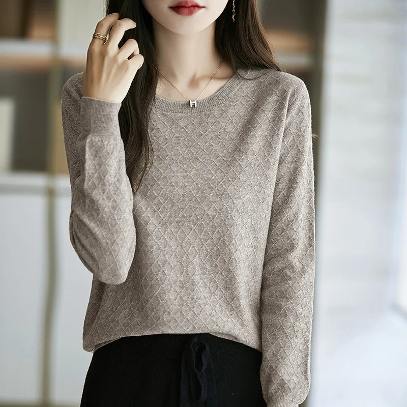 Damen Lässiger Feinstrickpullover mit dezentem Rautenmuster und gerippten Bündchen Drune