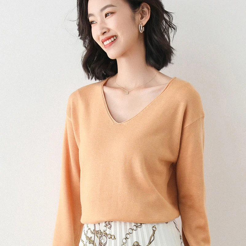 Damen Lässiger Feinstrick V-Ausschnitt Pullover mit überschnittenen Schultern Drune