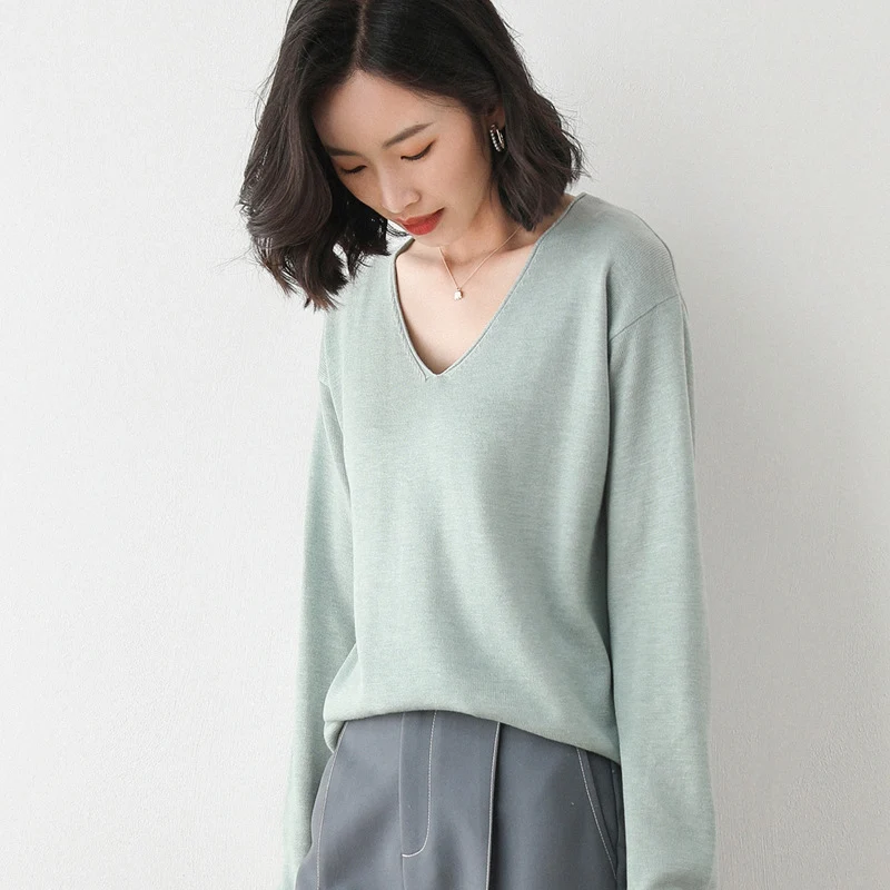 Damen Lässiger Feinstrick V-Ausschnitt Pullover mit überschnittenen Schultern Drune
