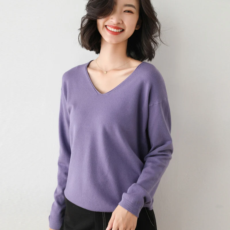 Damen Lässiger Feinstrick V-Ausschnitt Pullover mit überschnittenen Schultern Drune