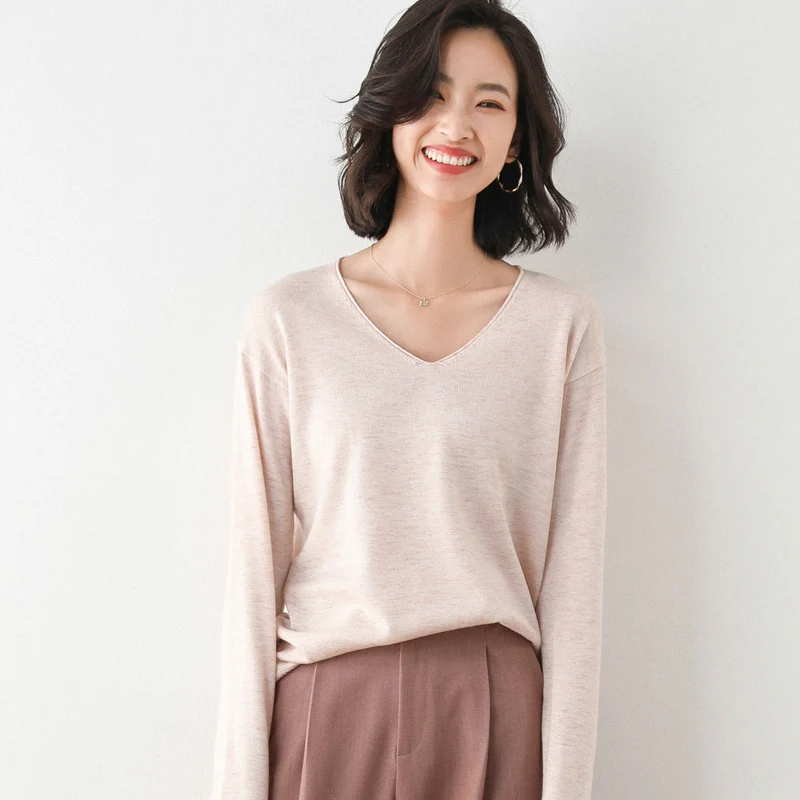 Damen Lässiger Feinstrick V-Ausschnitt Pullover mit überschnittenen Schultern Drune