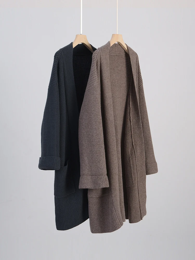 Damen Langer Oversize-Strickcardigan mit Strukturmuster und aufgesetzten Taschen Drune