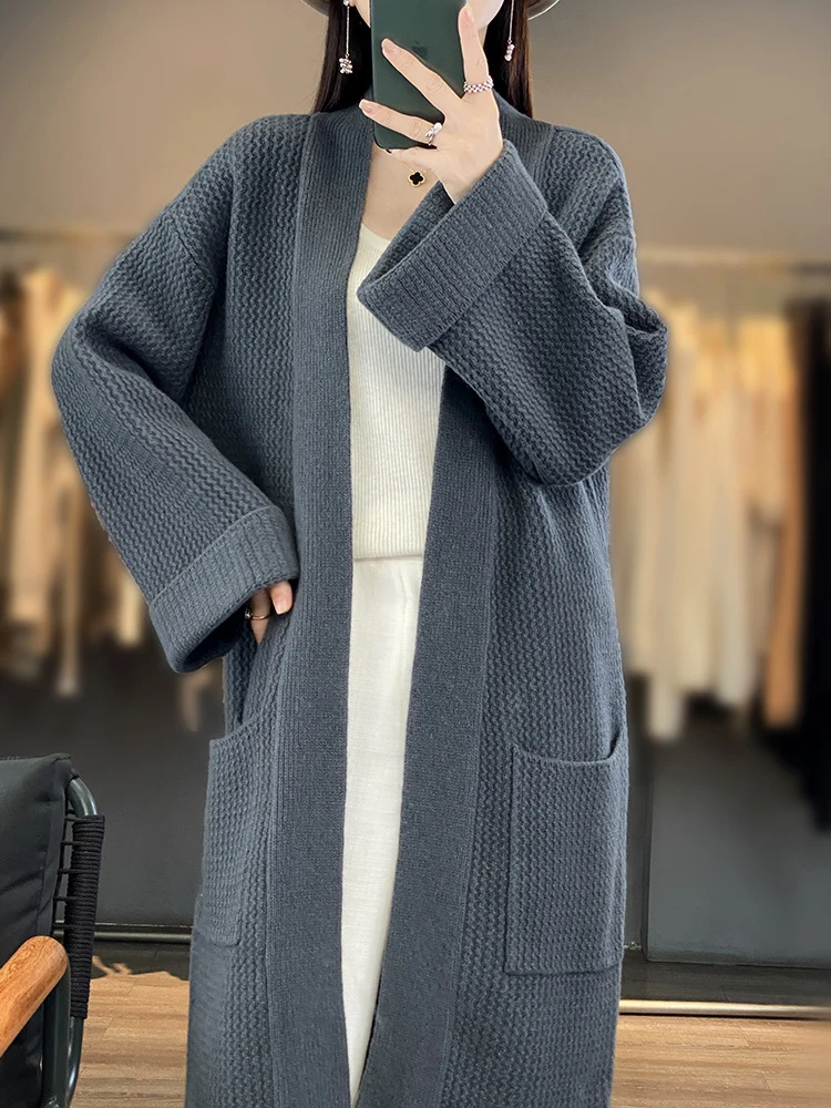 Damen Langer Oversize-Strickcardigan mit Strukturmuster und aufgesetzten Taschen Drune