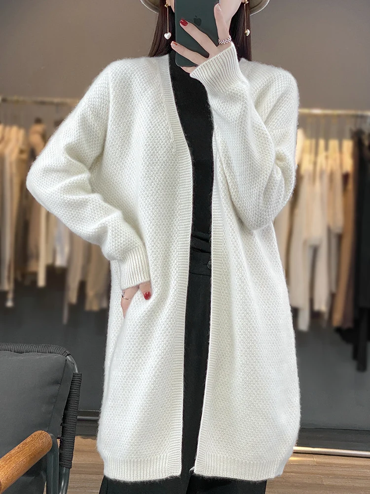 Damen Langer Offener Strickcardigan mit Samenmuster und gerippten Abschlüssen Drune