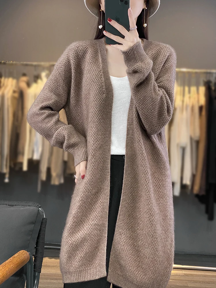 Damen Langer Offener Strickcardigan mit Samenmuster und gerippten Abschlüssen Drune